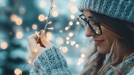 A person in cozy winter clothes gently holding twinkling string lights, with a beautifully blurred bokeh background filled with soft lights, evoking a sense of warmth and magic.