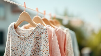 A variety of colorful clothes hung on hangers drying outdoors on a sunny day. The photograph captures the vibrancy of everyday life, highlighting domestic tasks and seasonal change.