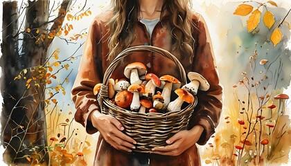 Cozy autumn scene with a woman holding a basket of freshly foraged mushrooms in a soft watercolor illustration celebrating nature and the joys of the fall harvest