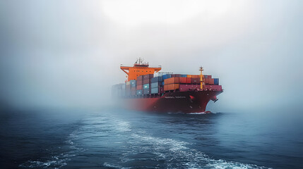 Container Ship in Foggy Ocean