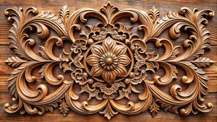 Wall Mural - Hand-sculpted wooden decoration with intricate texture and ornate Baroque style