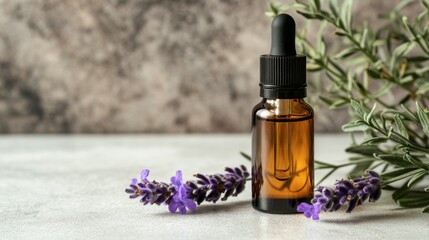 Bottle of essential oil and lavender flowers on light stone table