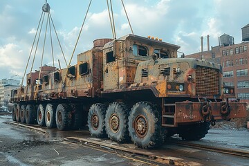 A large, rusty truck is being lifted by a crane