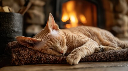 Wall Mural - A sleeping cat rests peacefully by a cozy fireplace, creating a warm, tranquil atmosphere.