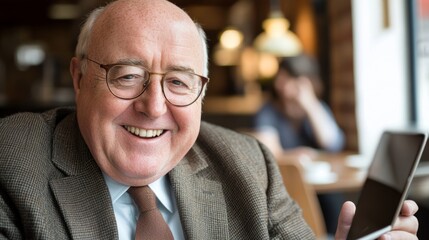  Contented British Retiree Enjoys High Pension Lifestyle: Elegant Senior Gentleman in Suit Smiles at iPad in Cafe. Depicting Successful Retirement, Digital Literacy, and Modern Senior Living for Marke