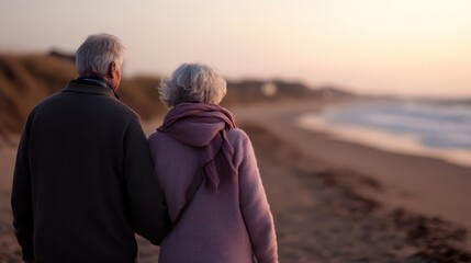 A heartwarming image of an elderly couple walking arm in arm along a serene beach during sunset, capturing the essence of love, companionship, and tranquility.