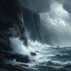 Wall Mural - Dramatic seascape with crashing waves against a backdrop of towering cliffs and a stormy sky.