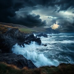 Wall Mural - Dramatic storm clouds over rocky coast with crashing waves.