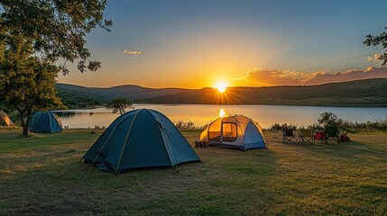 camping near the lake with a sunset or sunrise background