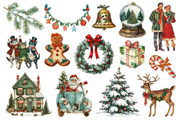 Wall Mural - PNG vintage Christmas illustration element set, transparent background