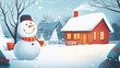 © Agus - Snowman holding a cup of hot cocoa in front of a snow covered house