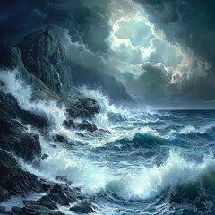 Wall Mural - Dramatic waves crashing against the rocky coast under a stormy sky.