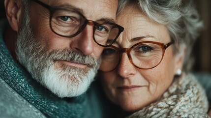 A senior couple with glasses in a close-up shot, wearing warm, cozy sweaters and exhibiting deep affection and intimacy, posing indoors with a soft background.