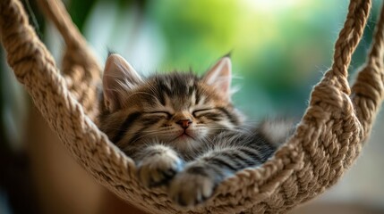 Wall Mural - A sleeping kitten nestled in a cozy hammock, surrounded by a soft, blurred background.