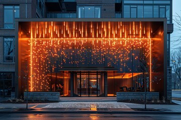 lighted facade of a building with a large entrance and a street