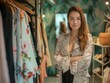 © Bijac - boutique owner portrait fashionable young woman poses confidently in her clothing store racks of trendy outfits stylish interior design