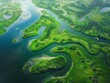 © Bijac - breathtaking aerial view of a lush green river delta with winding waterways and diverse ecosystems rich details of vegetation patterns and shimmering water surfaces