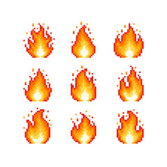 Fire flames set isolated on transparent background. Bonfire icons. Warning signs of flammable objects. Burning effects. Vector pixel art illustration in 16 bit style.