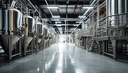 Sophisticated modern brewing equipment highlights advanced beer production technology in a spacious, well-lit brewery setting.