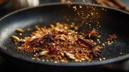 A detailed shot of freshly toasted spices in a dry pan, releasing their essential oils and creating a rich, fragrant aroma