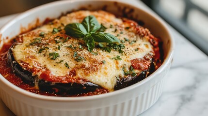 A dish of baked eggplant parmesan, layered with marinara sauce and a sprinkle of fresh basil, served in a white ceramic dish