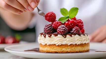 Poster - A person is eating a dessert with raspberries and cherries, AI