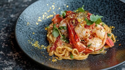 A dish of street-style noodles with a luxurious twist, topped with lobster and gold flakes, presented on a sleek, modern plate