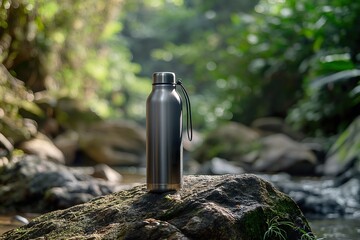 A sleek chrome stainless steel water bottle stands proudly on a moss-covered rock beside a serene creek in a lush, green forest