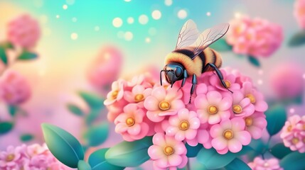 Wall Mural - A bee collects nectar from vibrant pink flowers in a colorful garden at sunrise, showcasing the beauty of nature’s pollinators