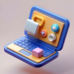 Cute and colorful 3D illustration of a cartoon laptop with a padlock. plus sign. star. and cylinder. perfect for representing online security. social media. or digital communication.