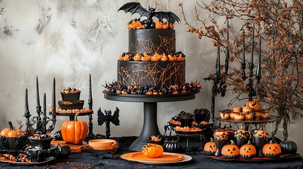 A Halloween party table with a black and orange themed cake, cupcakes, pumpkins, and bats.