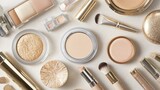 A beauty flat-lay featuring a variety of makeup products like foundation, highlighter, and blush, with a gold and silver theme.