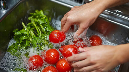 Wall Mural - Eco-Friendly Kitchen: Person Washing Vegetables with Low Water Use