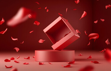 3D podium, display, background. Red, surprise, open gift box. Rose flower falling petals. Luxury cosmetic product presentation. Abstract, love, valentines day or woman's day. 3D render birthday mockup