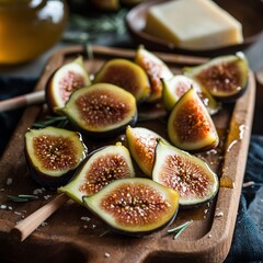 Wall Mural - Fresh figs on a wooden cutting board with honey and rosemary.