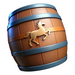 A 3D rendering of a wooden barrel with a stylized gold horse logo.