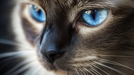 Wall Mural - Close-up of a cat's face, highlighting its striking blue eyes and delicate features.