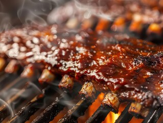 closeup of succulent bbq ribs in smoker glistening with sauce rich warm tones highlight juicy meat texture and aromatic smoke wisps