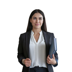 Professional female employee or a businesswoman using a laptop in a modern office. Young happy busy business woman executive using laptop mobile cell phone tech at office