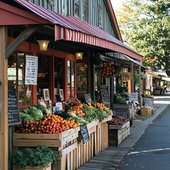 Canvas Print - Fresh produce displayed outside a rustic storefront on a sunny day.