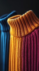 Canvas Print - Three knit sweaters of different colors are shown, with the blue one on the left