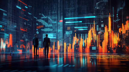 Wall Mural - Two individuals in business suits are standing in a futuristic, neon-lit space with digital charts and data visualizations projected on vertical screens around them.