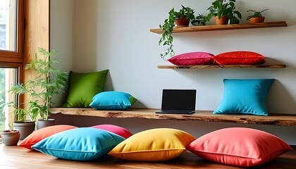 Minimalistic room with colorful poufs and sleek laptop on wooden shelf, complemented by concrete wall and potted plants