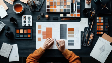 Poster - Top view of an architect or designer's workspace featuring color swatches, sketches, pencils, and various design tools on a dark wooden desk.