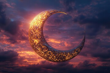 crescent moon symbol crafted from intricate arabic calligraphy set against a vibrant sunset sky with swirling clouds in shades of purple and gold