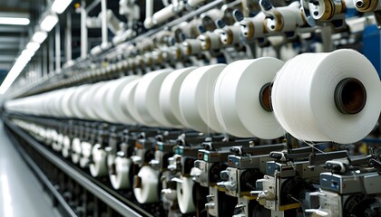 Wall Mural - Efficient textile factory showcasing industrial spools of white thread arranged along advanced machinery