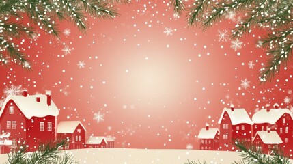 Wall Mural - A christmas scene with a red house and snowflakes