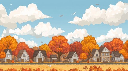 Poster - A cartoon illustration of a village in the fall