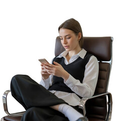 Professional female employee or a businesswoman using a laptop in a modern office. Young happy busy business woman executive using laptop mobile cell phone tech at office