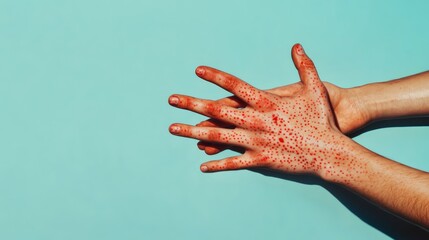Poster - Close-up of hands covered in red spots, representing monkeypox rash symptoms and viral infection.